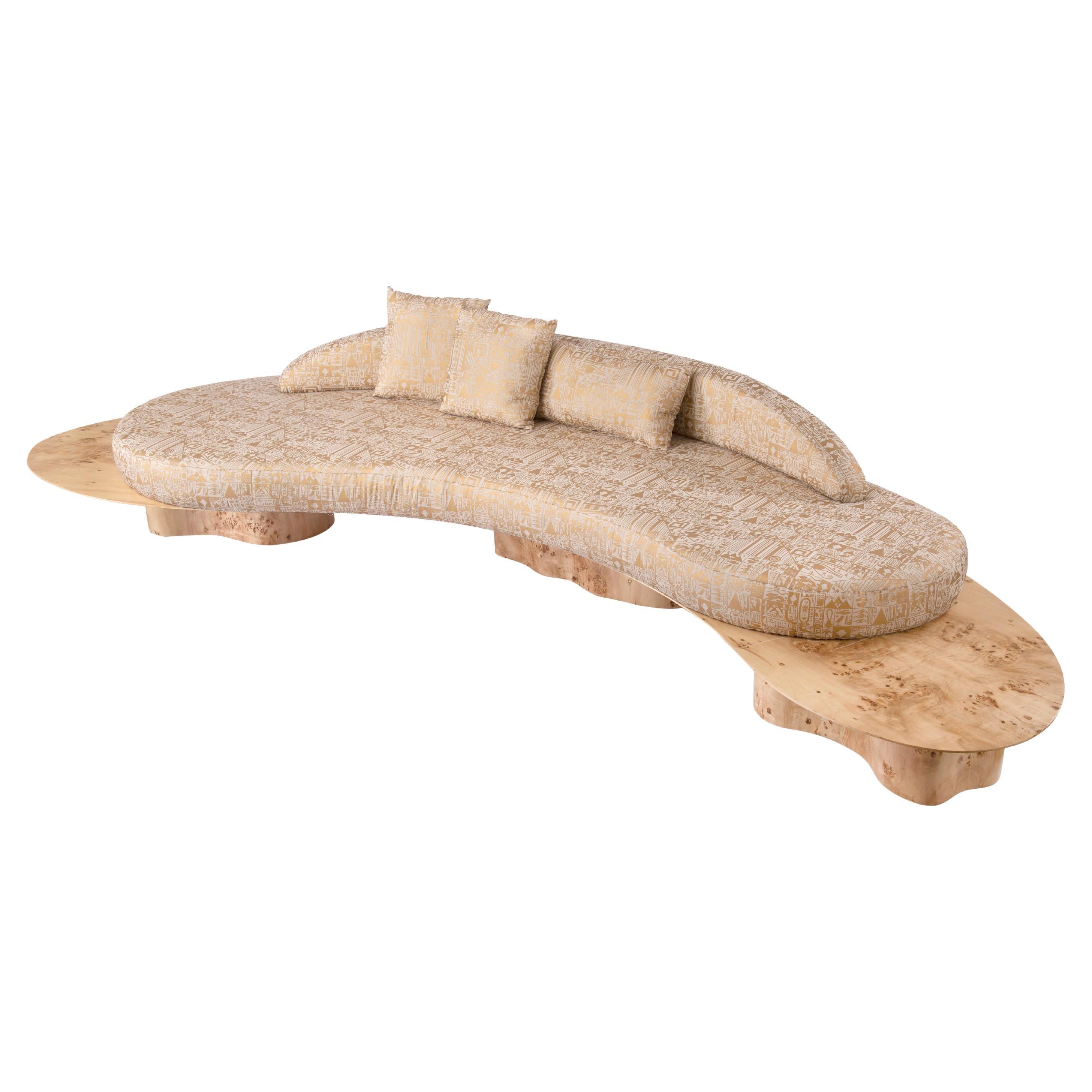 Curved Organic-Shaped Sofa with Rare Apple Rind and Golden Pharaonic Fabric