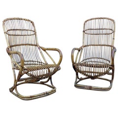 Curved Pair of Bamboo Armchairs 1950s Italian Design