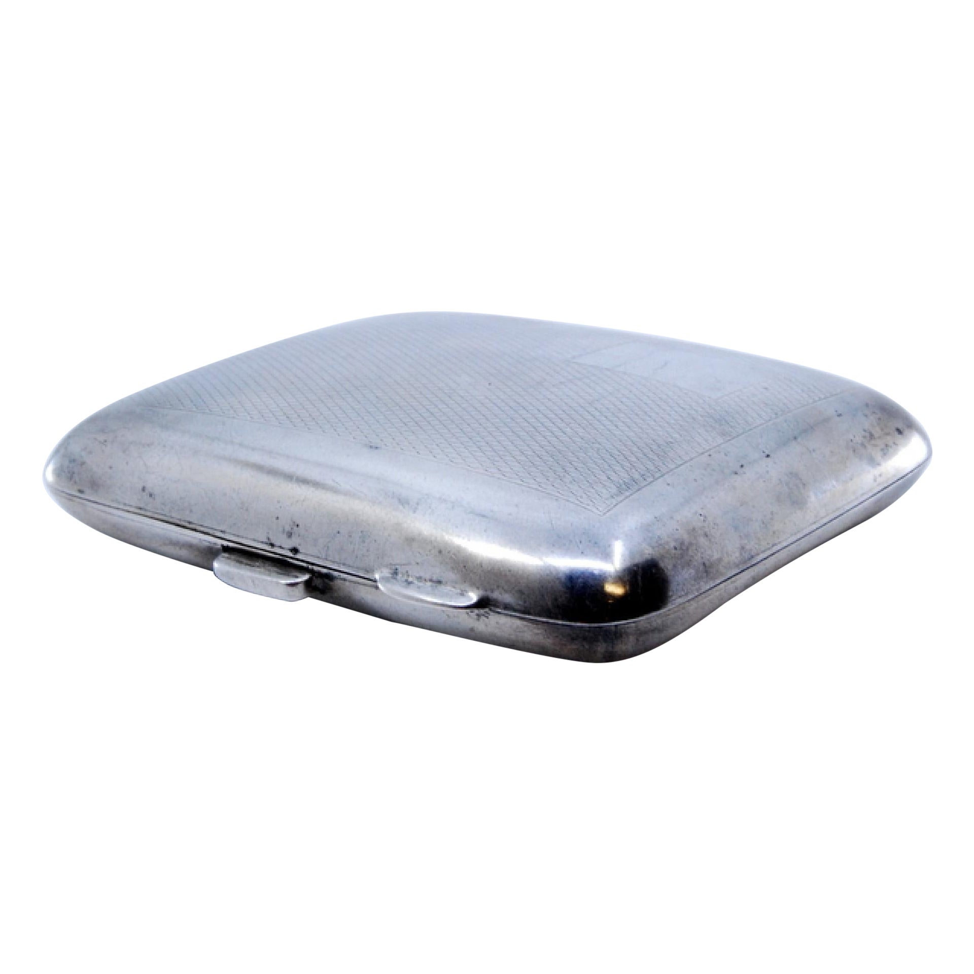 Curved, perforated silver cigarette case with a gold interior and a hinged lid