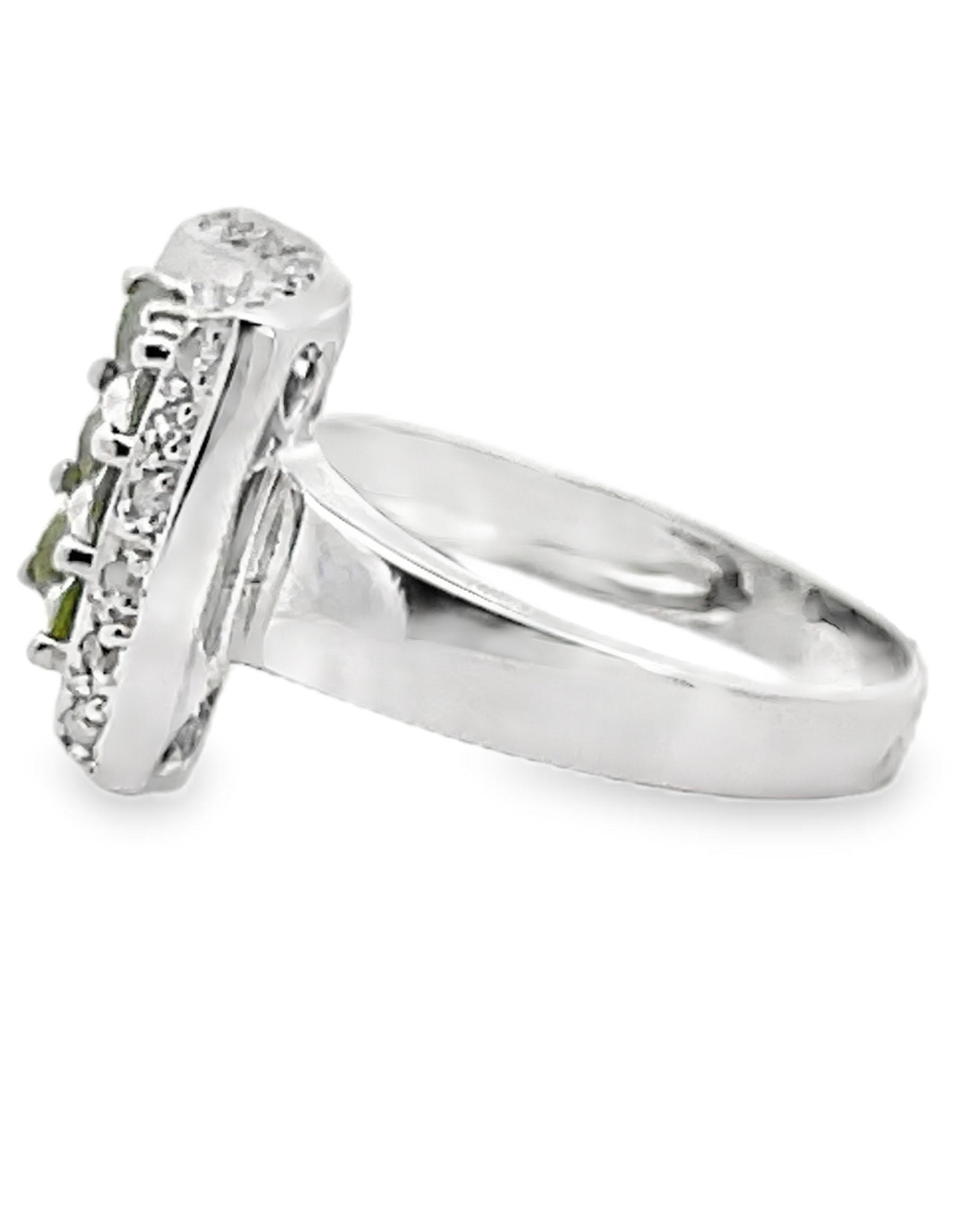 Contemporary Curved Peridot & Diamond Ring in 14K White Gold For Sale
