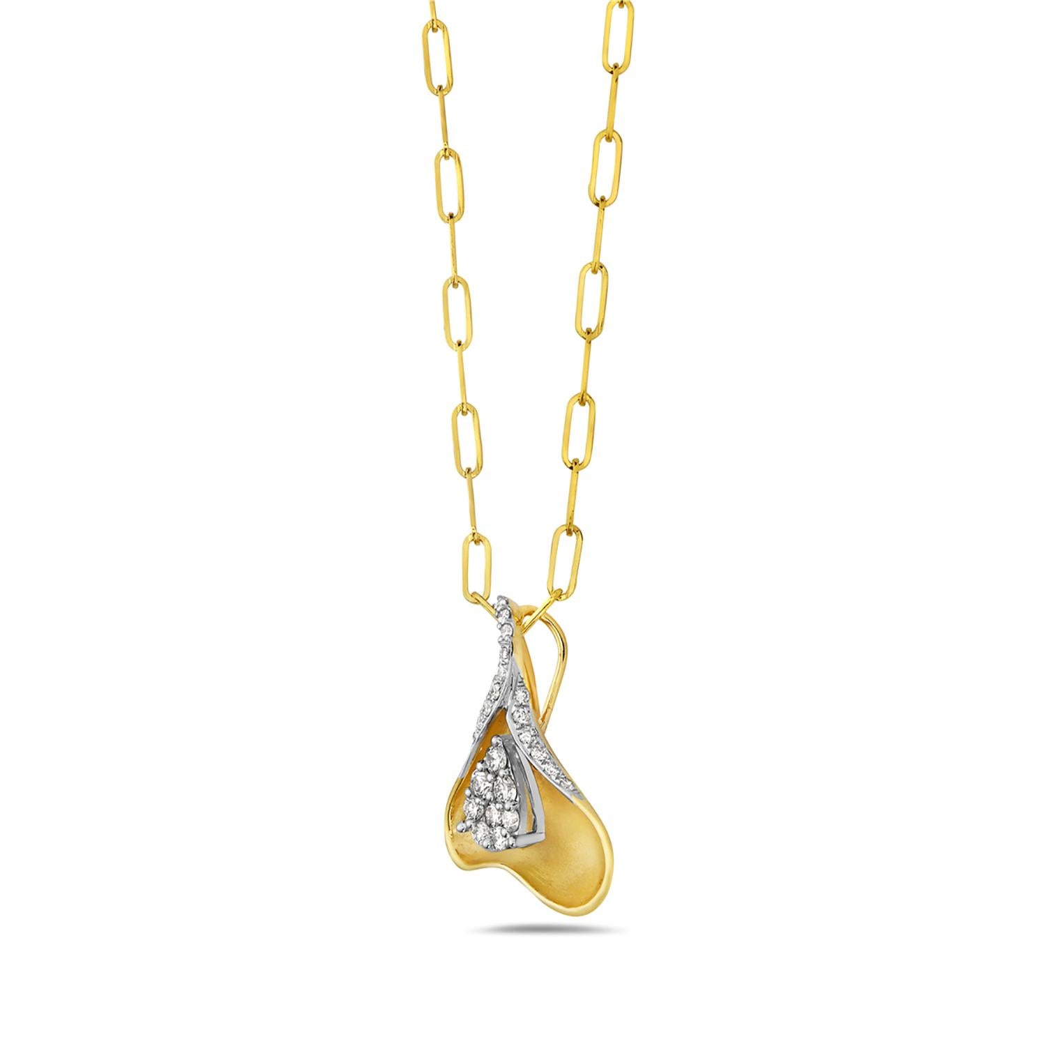 Artisan Curved Petal Shaped Pendant with Halo Diamonds Made in 14k Yellow Gold For Sale