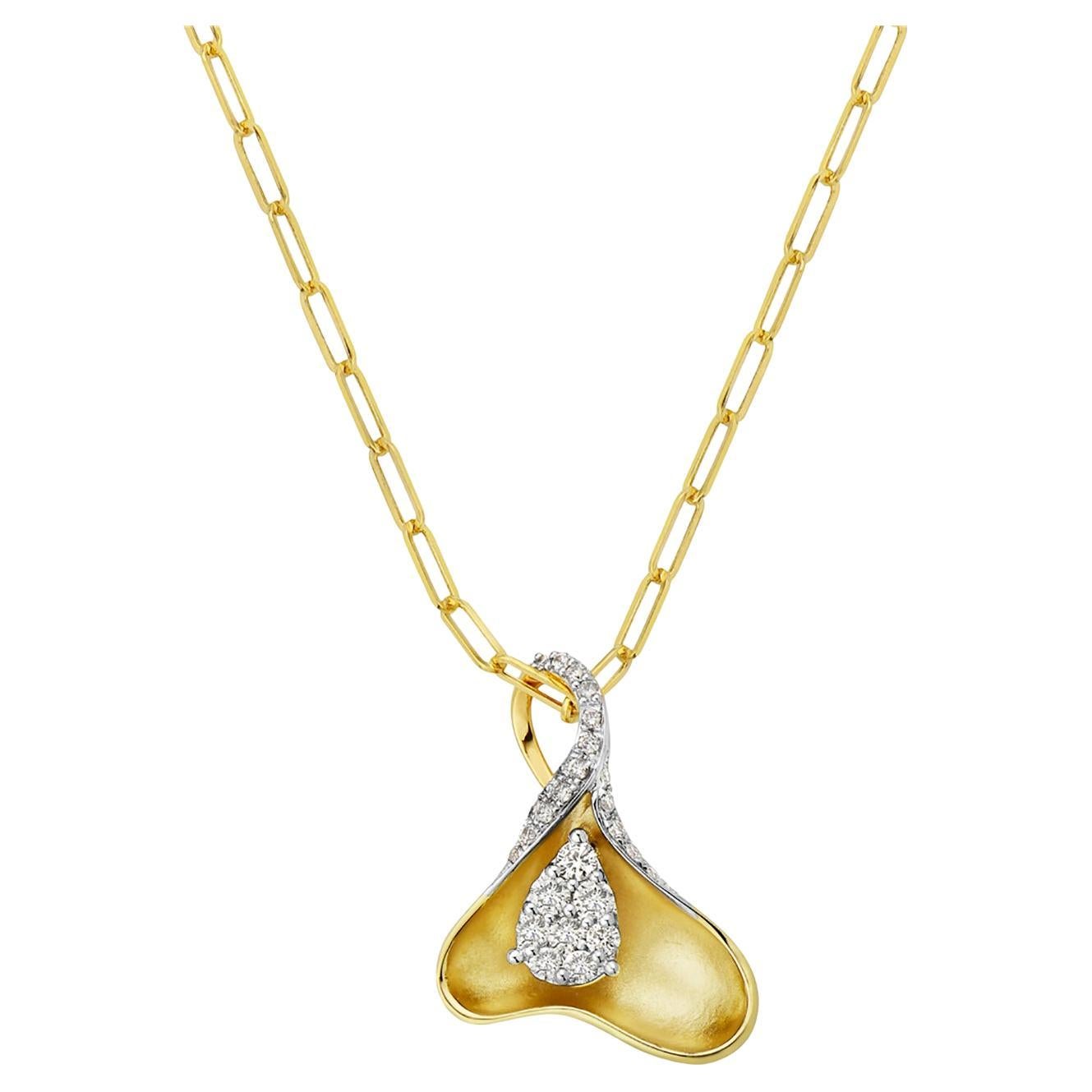 Curved Petal Shaped Pendant with Halo Diamonds Made in 14k Yellow Gold For Sale