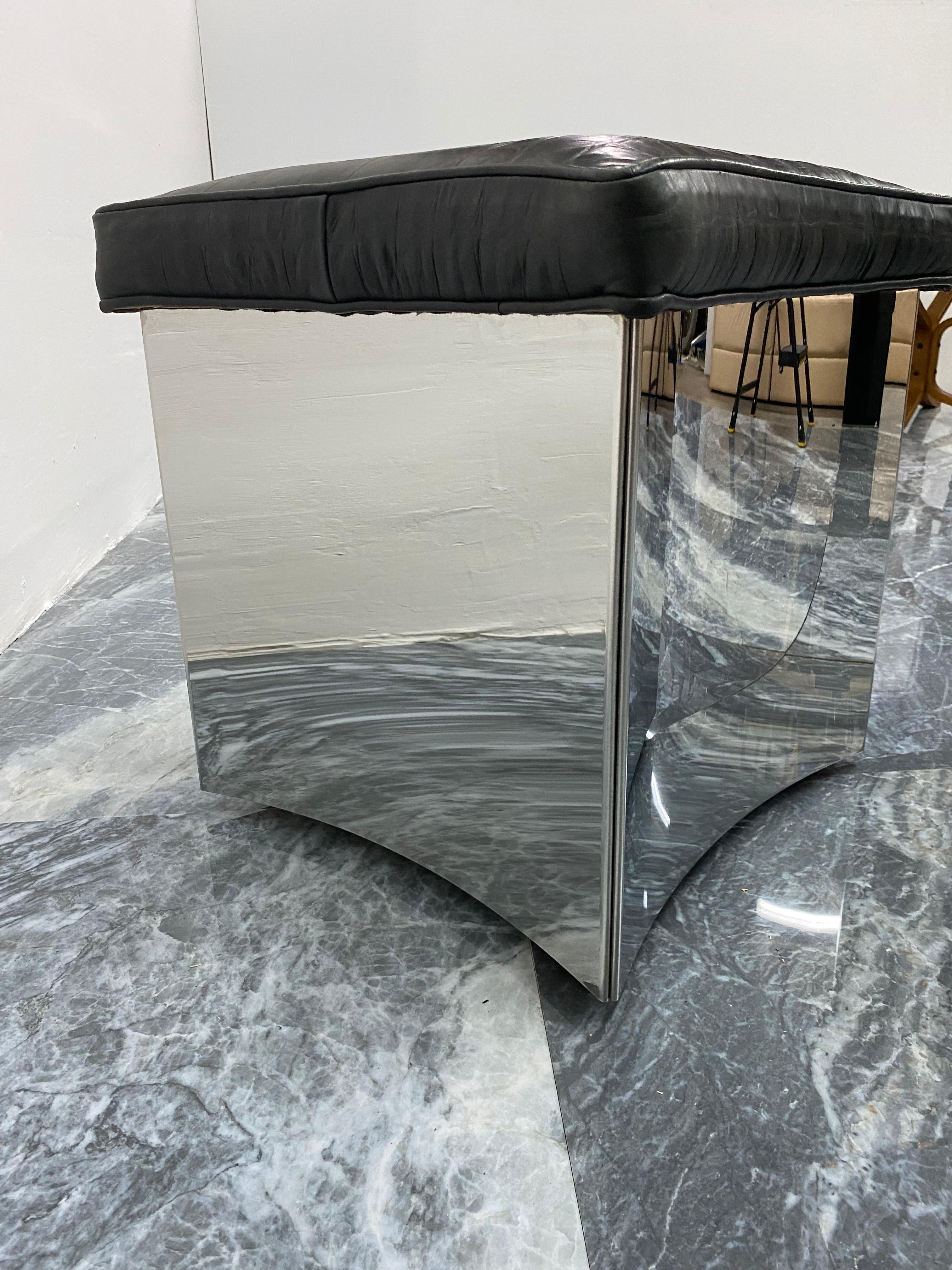  Curved Polished Steel and Embossed Leather Stool or Ottoman For Sale 3