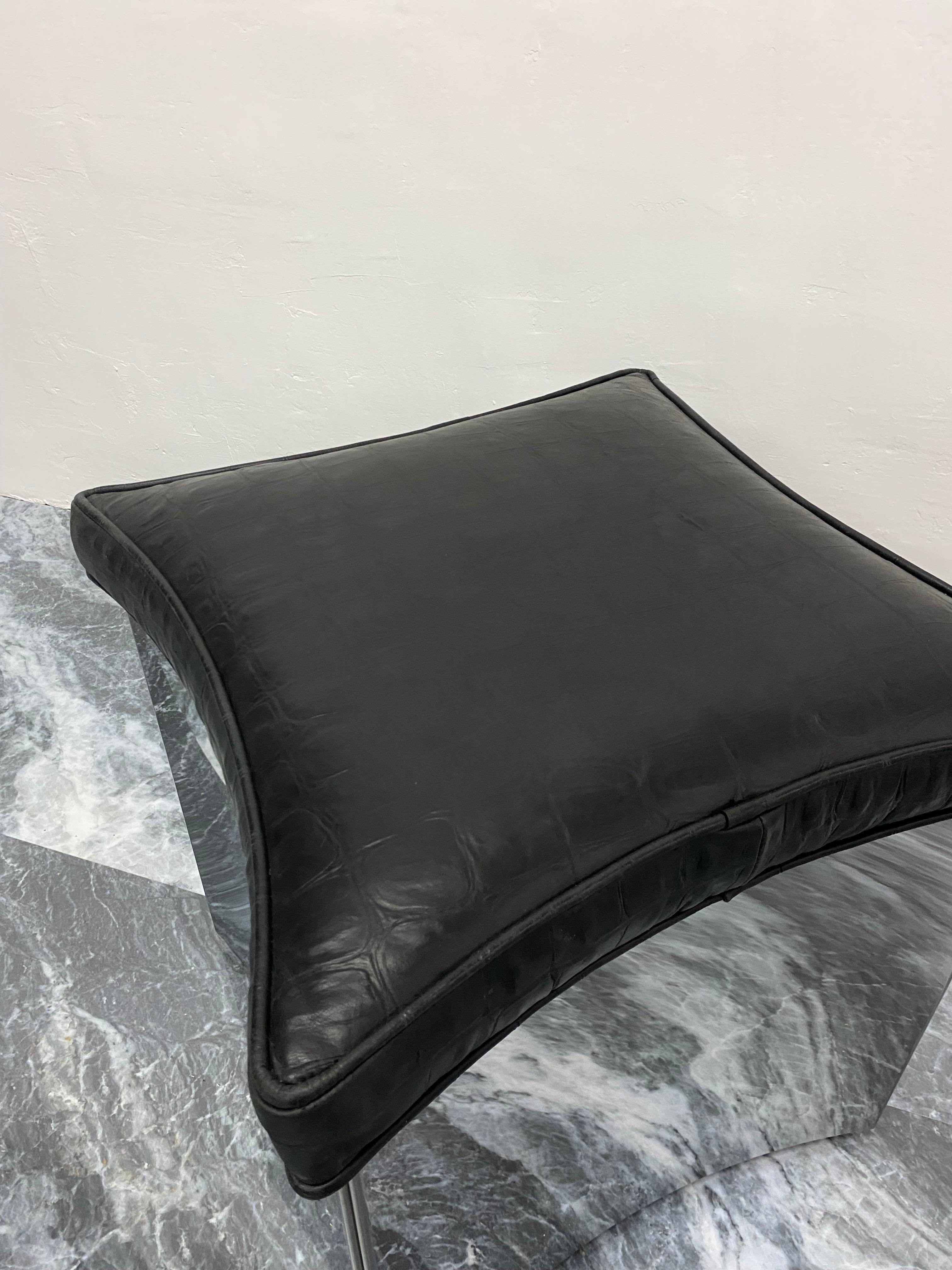 Curved Polished Steel and Embossed Leather Stool or Ottoman For Sale 4