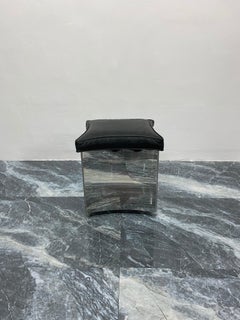 Curved Polished Steel and Embossed Leather Stool or Ottoman