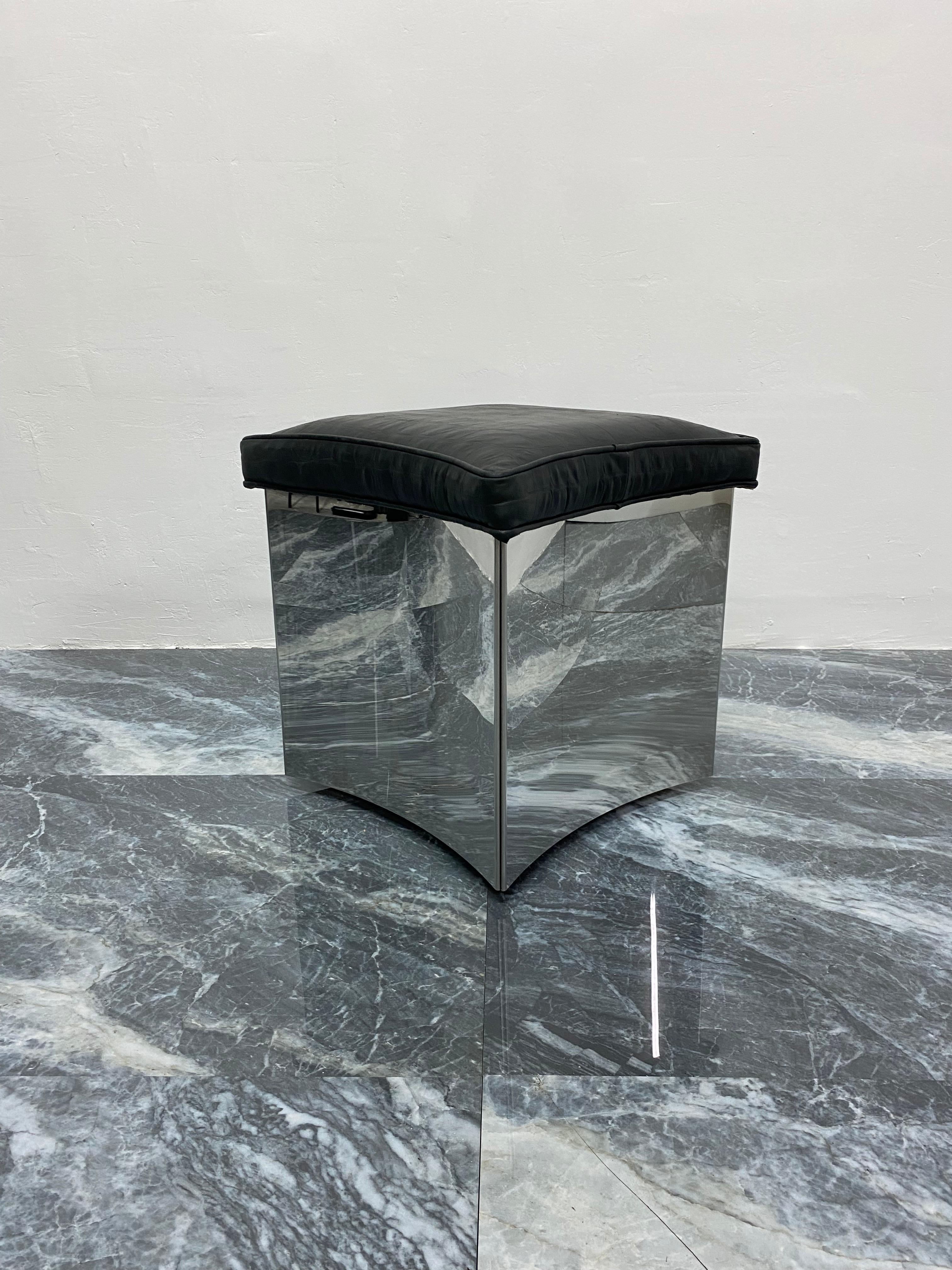 20th Century  Curved Polished Steel and Embossed Leather Stool or Ottoman For Sale