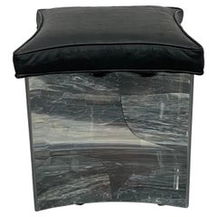 Curved Polished Steel and Embossed Leather Stool or Ottoman