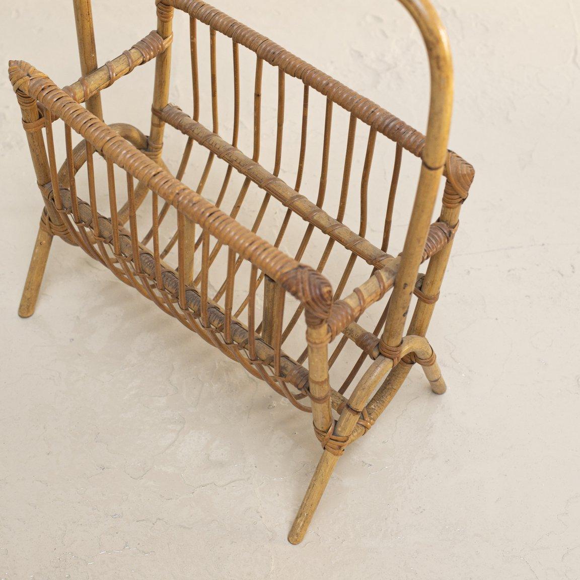 Curved Rattan Magazine Rack, 1950s, France 1