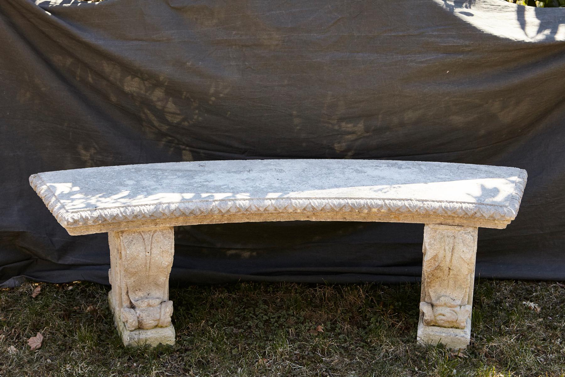 French Curved Cast Stone Bench on Scrolled Leaves Base, circa 1960s, No 1