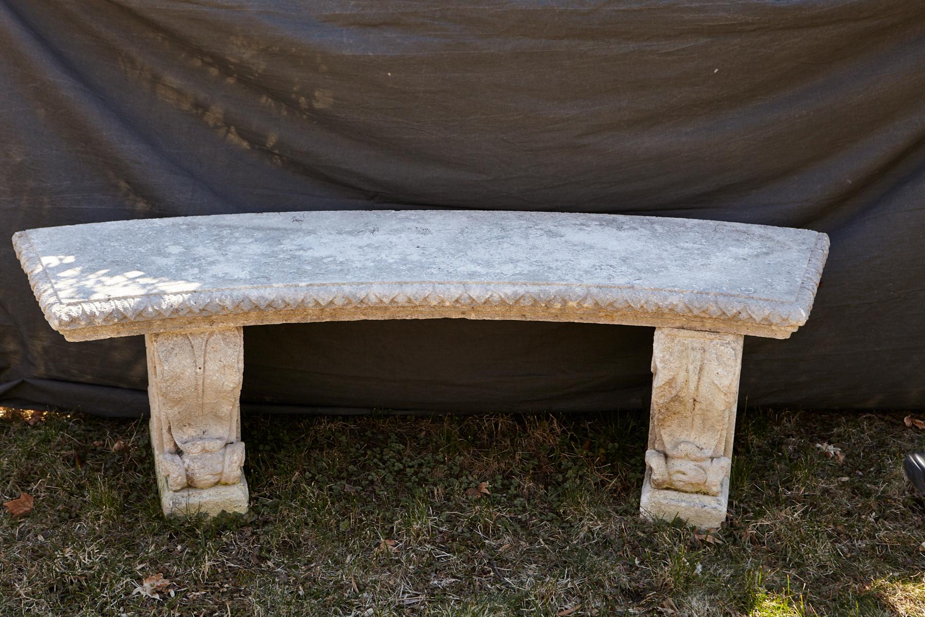 Curved Cast Stone Bench on Scrolled Leaves Base, circa 1960s, No 1 4