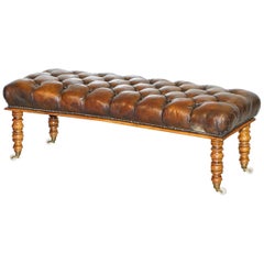 Antique Curved Regency Restored Walnut and Cigar Brown Leather Chesterfield Bench Stool