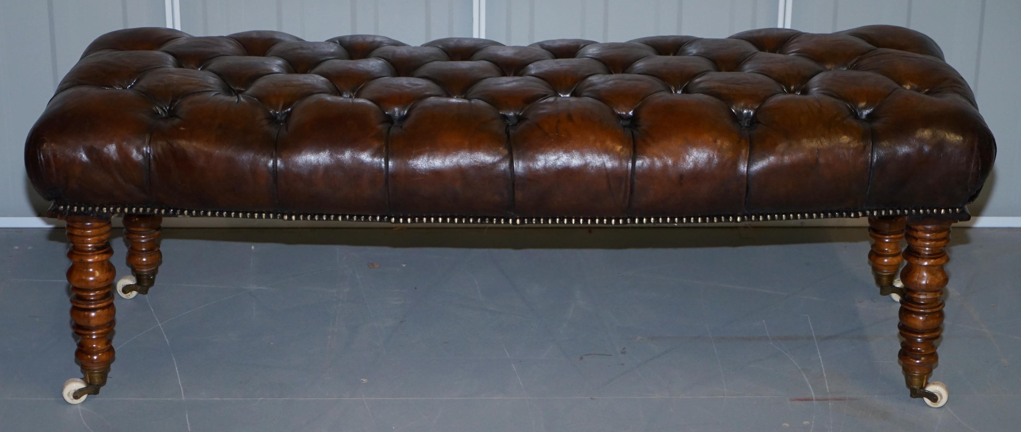 Curved Regency Restored Walnut and Cigar Brown Leather Chesterfield Bench Stool 3