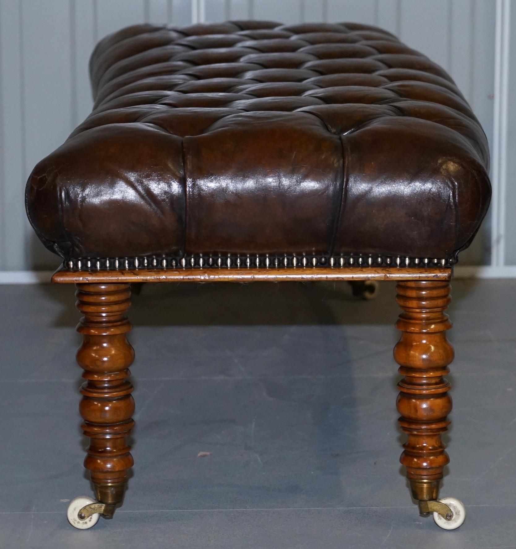 Curved Regency Restored Walnut and Cigar Brown Leather Chesterfield Bench Stool 4