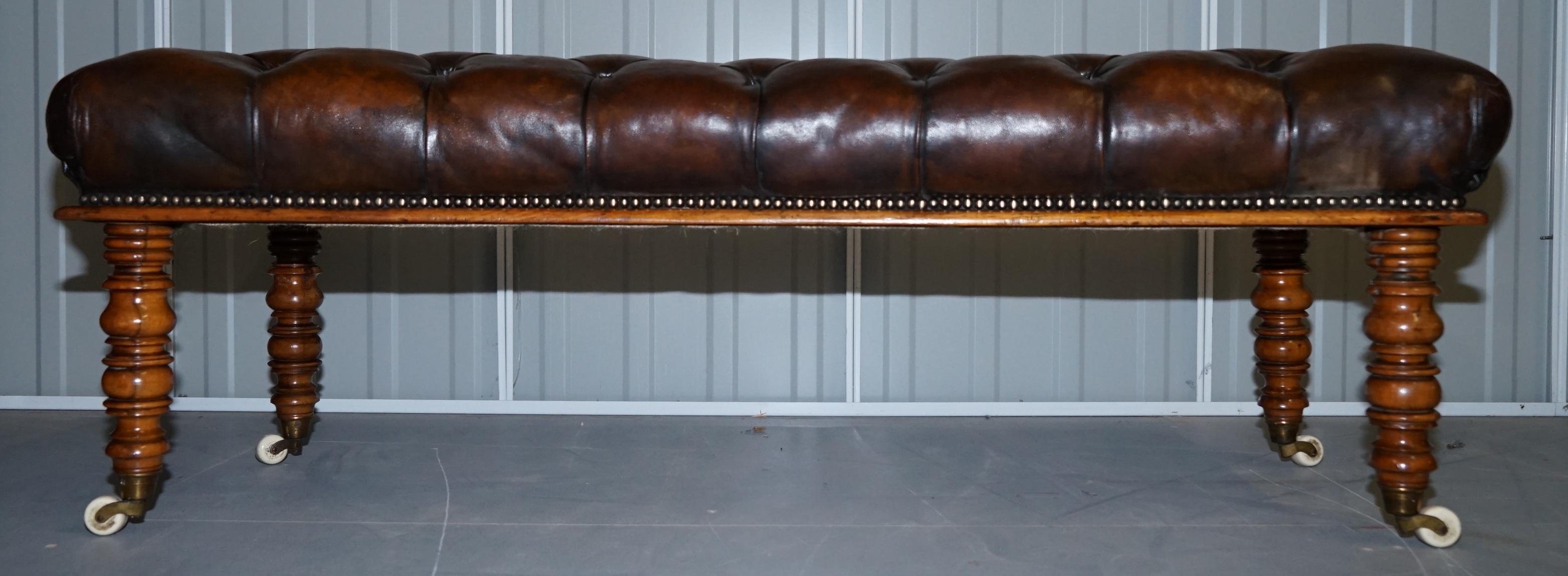 Hand-Crafted Curved Regency Restored Walnut and Cigar Brown Leather Chesterfield Bench Stool