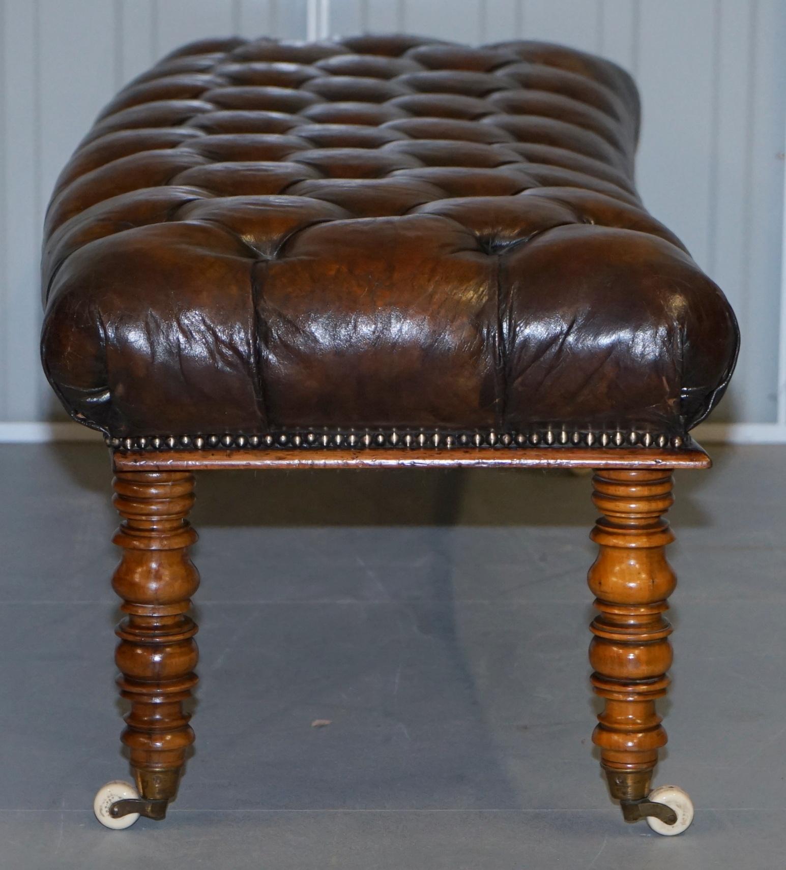 Curved Regency Restored Walnut and Cigar Brown Leather Chesterfield Bench Stool 1