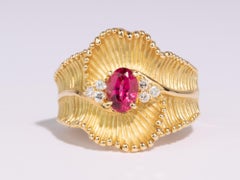 Curved Ribbon Pink Tourmaline Rubellite Ring 18K Gold V1102