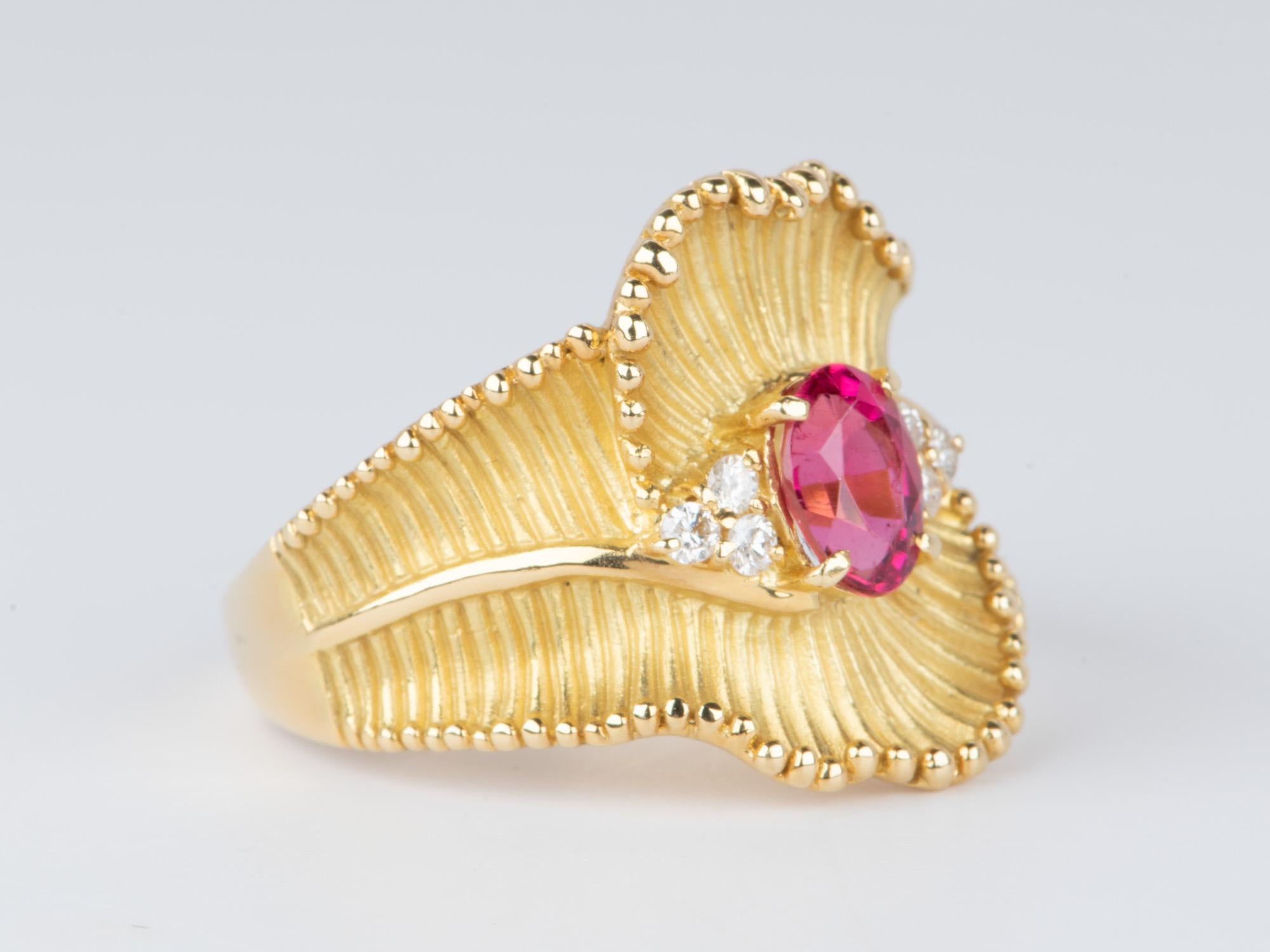 Uncut Curved Ribbon Pink Tourmaline Rubellite Ring 18K Gold V1102 For Sale