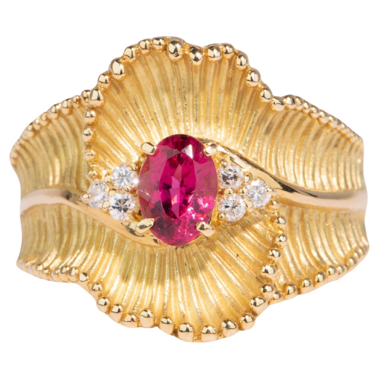 Curved Ribbon Pink Tourmaline Rubellite Ring 18K Gold V1102 For Sale