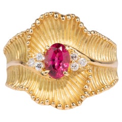 Curved Ribbon Pink Tourmaline Rubellite Ring 18K Gold V1102