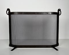 Curved Riveted Wrought Iron Fireplace Screen in the Style of Jacques Adnet