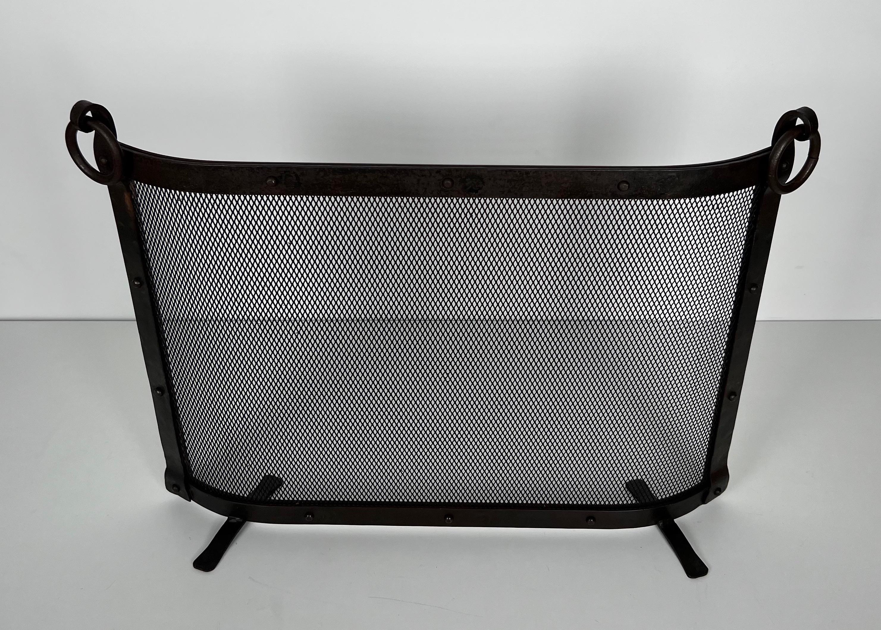 Mid-Century Modern Curved Riveted Wrought Iron Fireplace Screen in the Style of Jacques Adnet For Sale