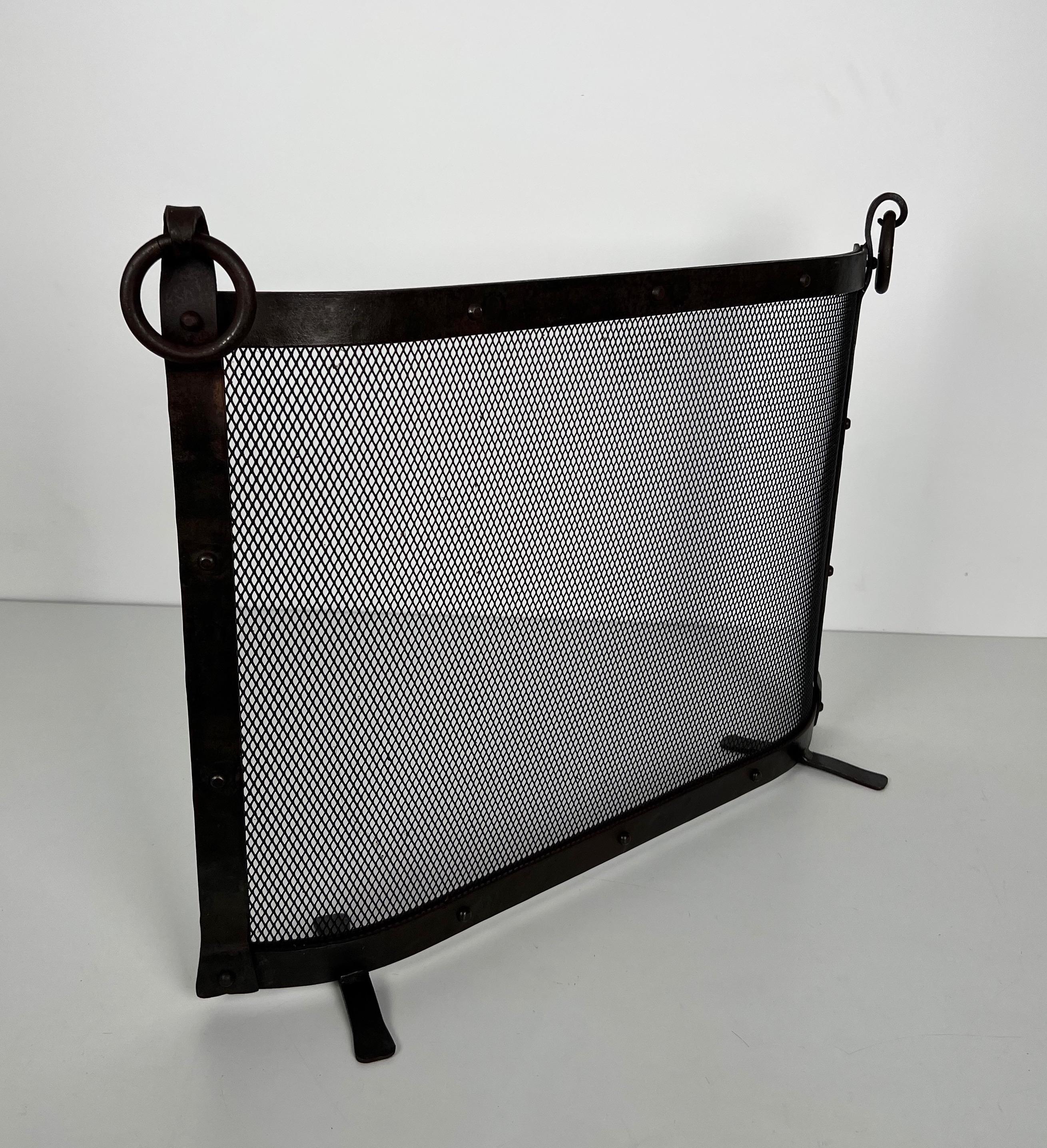 French Curved Riveted Wrought Iron Fireplace Screen in the Style of Jacques Adnet For Sale