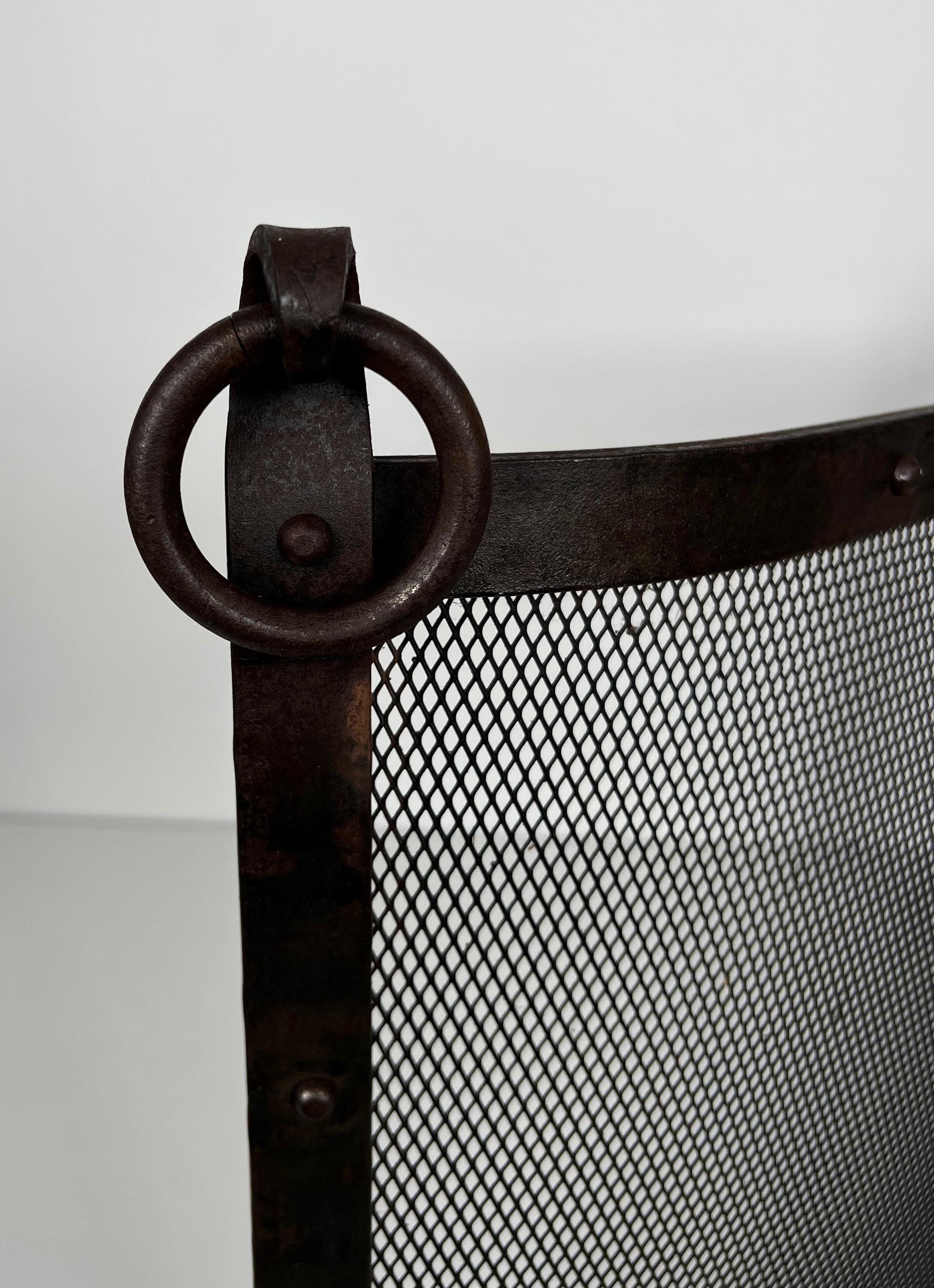 Mid-20th Century Curved Riveted Wrought Iron Fireplace Screen in the Style of Jacques Adnet For Sale