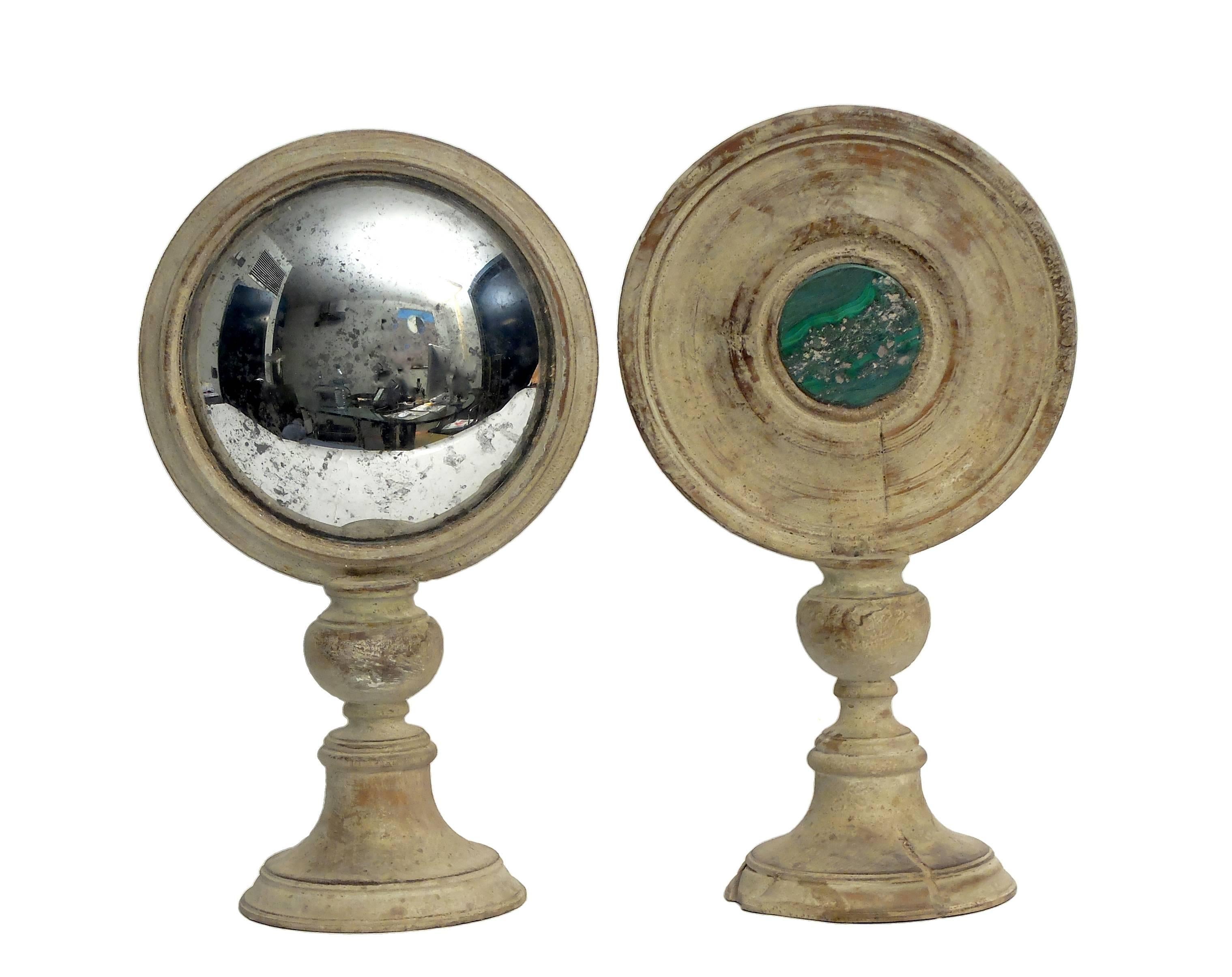 Italian Curved Round Mirrors and Malachite from a Wunderkammer, Italy, circa 1880, Pair