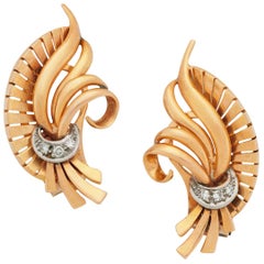 Curved Scroll Earrings with Diamonds, 14 Karat White and Yellow Gold