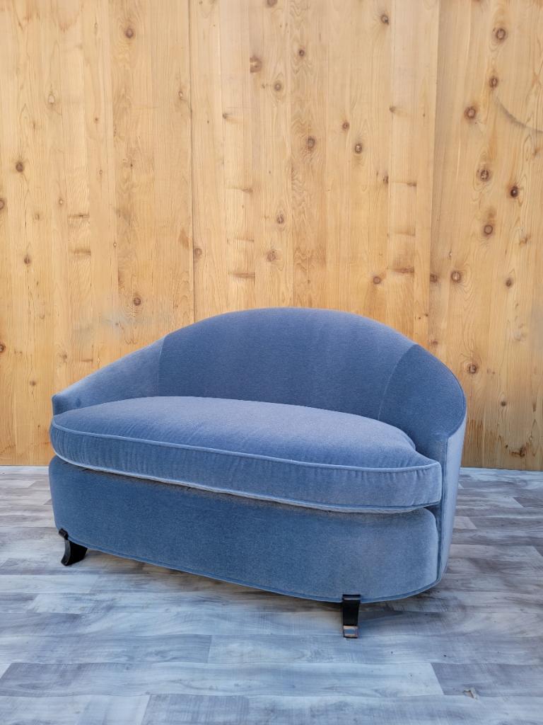 Vintage Modern Deco curved settee and barrel back lounge chair by interior crafts newly upholstered in a plush 