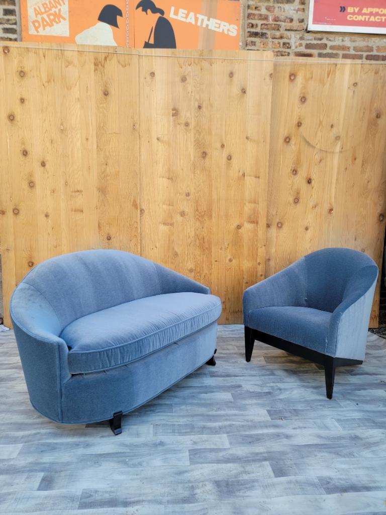 Hand-Crafted Curved Settee and Barrel Back Lounge Chair by Interior Crafts Newly Upholstered For Sale