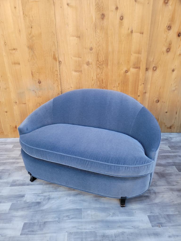Curved Settee and Barrel Back Lounge Chair by Interior Crafts Newly Upholstered In Good Condition For Sale In Chicago, IL