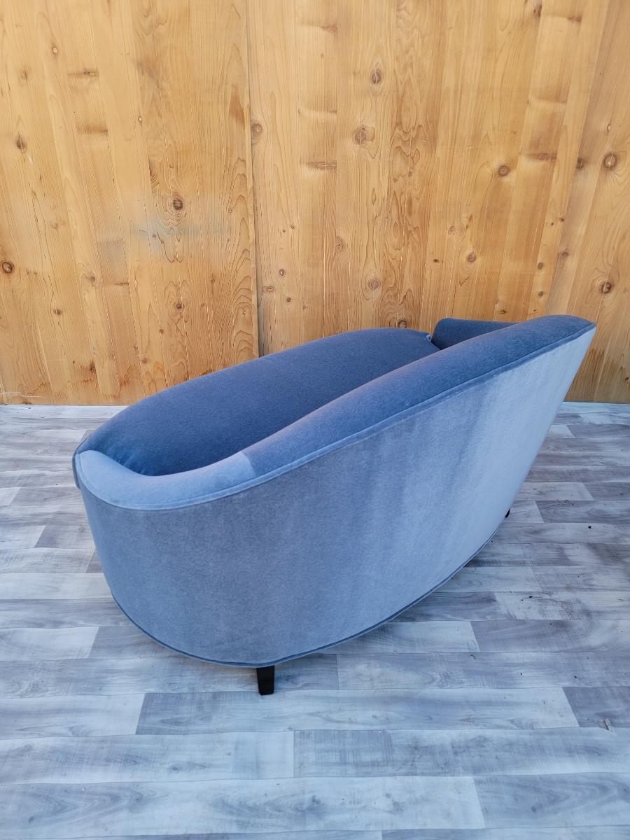 Mohair Curved Settee and Barrel Back Lounge Chair by Interior Crafts Newly Upholstered For Sale