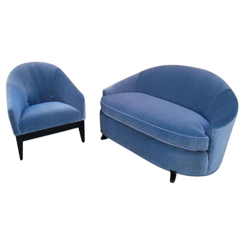 Curved Settee and Barrel Back Lounge Chair by Interior Crafts Newly Upholstered For Sale