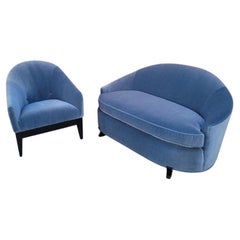 Curved Settee and Barrel Back Lounge Chair by Interior Crafts Newly Upholstered