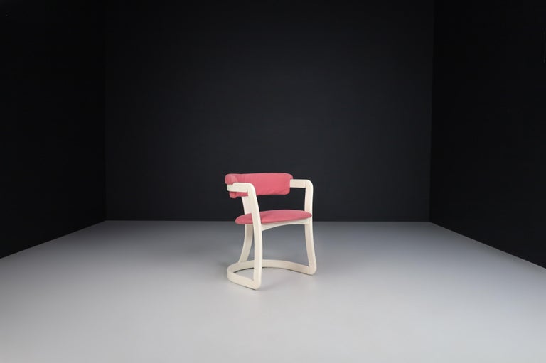 CurvedShaped Dining Chairs in White Lacquered Wood and Upholstery