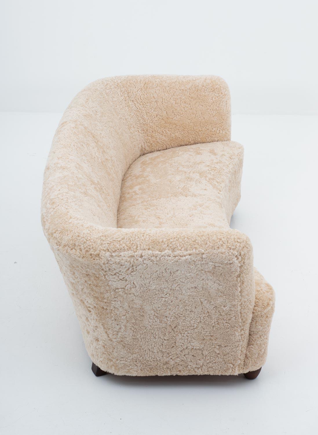 Curved Sheepskin 3-Seat Sofa 1940s, Denmark In Good Condition In Karlstad, SE
