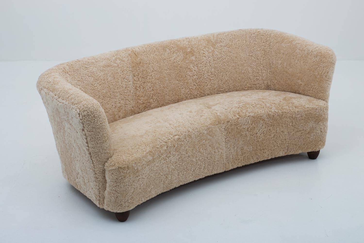 Curved Sheepskin 3-Seat Sofa 1940s, Denmark 1