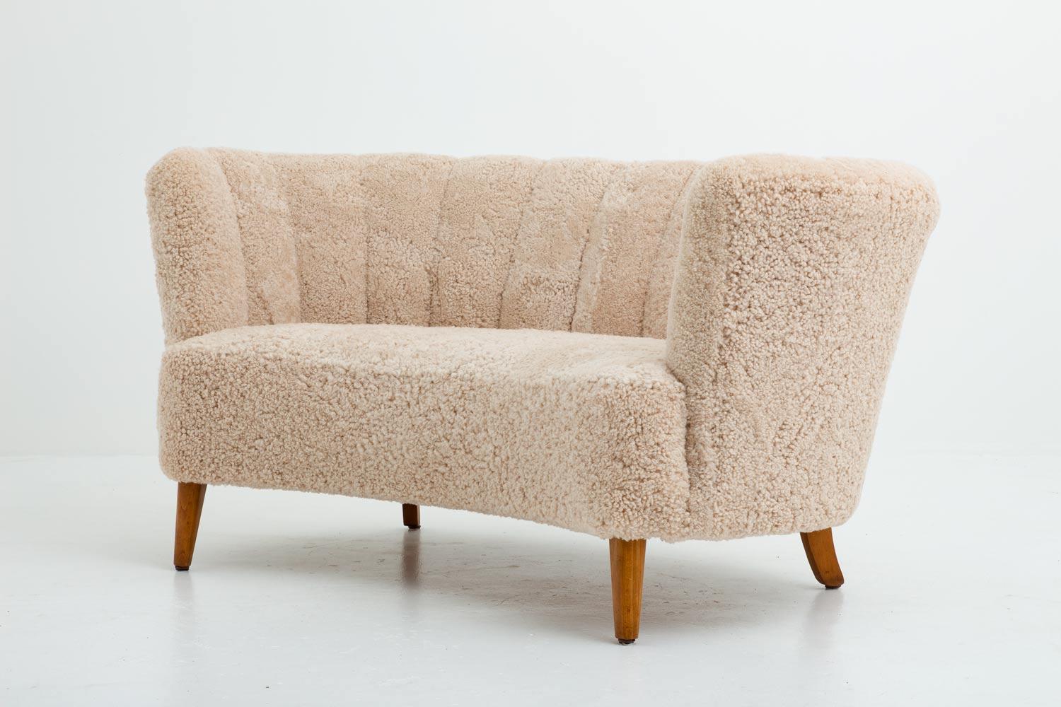 Scandinavian Modern Curved Sheepskin Sofa / Loveseat 1940s, Denmark