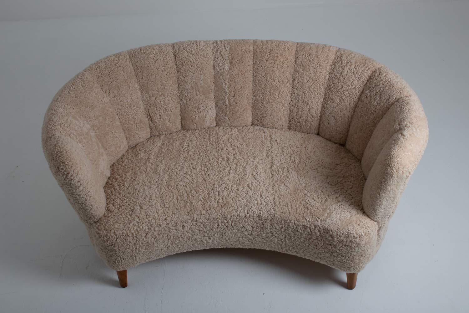 Curved Sheepskin Sofa / Loveseat 1940s, Denmark 2