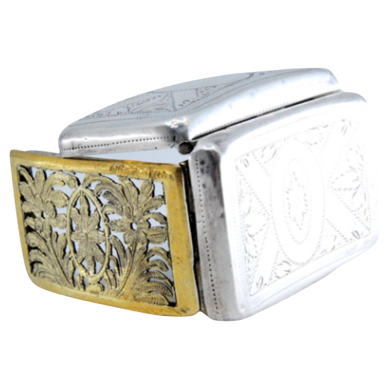 Curved silver and gold ciagrette box, engraved and from the period of George III For Sale