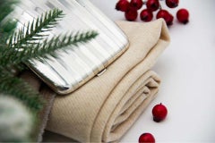 Boîtier incurvé en argent avec bandes alternées, intérieur en or et couvercle à charnière.