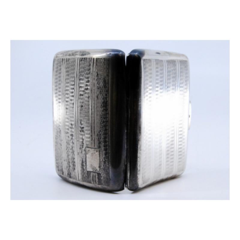 Silver Curved silver cigarette case w/ guilloche engraving, gold interior & hinged lid For Sale
