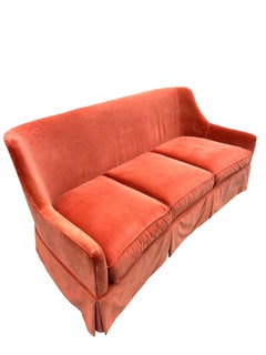Curved Skirted Sofa in Mohair Style Velour Three Seater in Peachy Burnt Orange