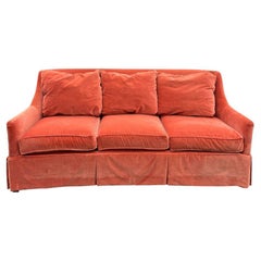 Used Curved Skirted Sofa in Mohair Style Velour Three Seater in Peachy Burnt Orange