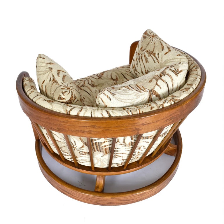 Curved Slat Spindle Back Rustic Modern Solid Oak Tub Chair and Ottoman