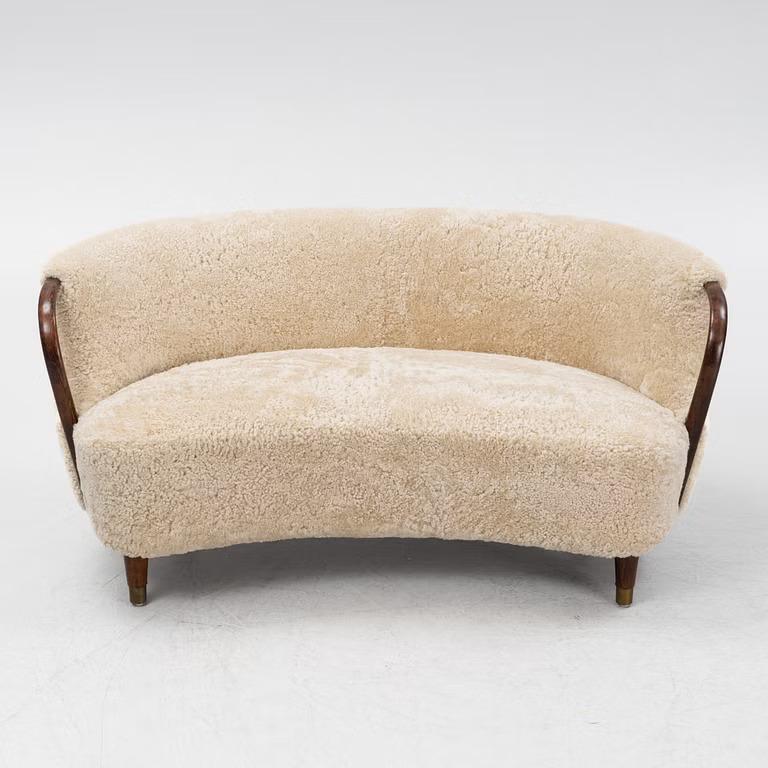 Mid-Century Modern Curved sofa attributed to Viggo Boesen with sheepskin Model 96 For Sale