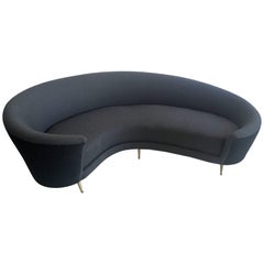 Curved Sofa by Italian Manufacturer in Grey Fabric and with Brass Feet
