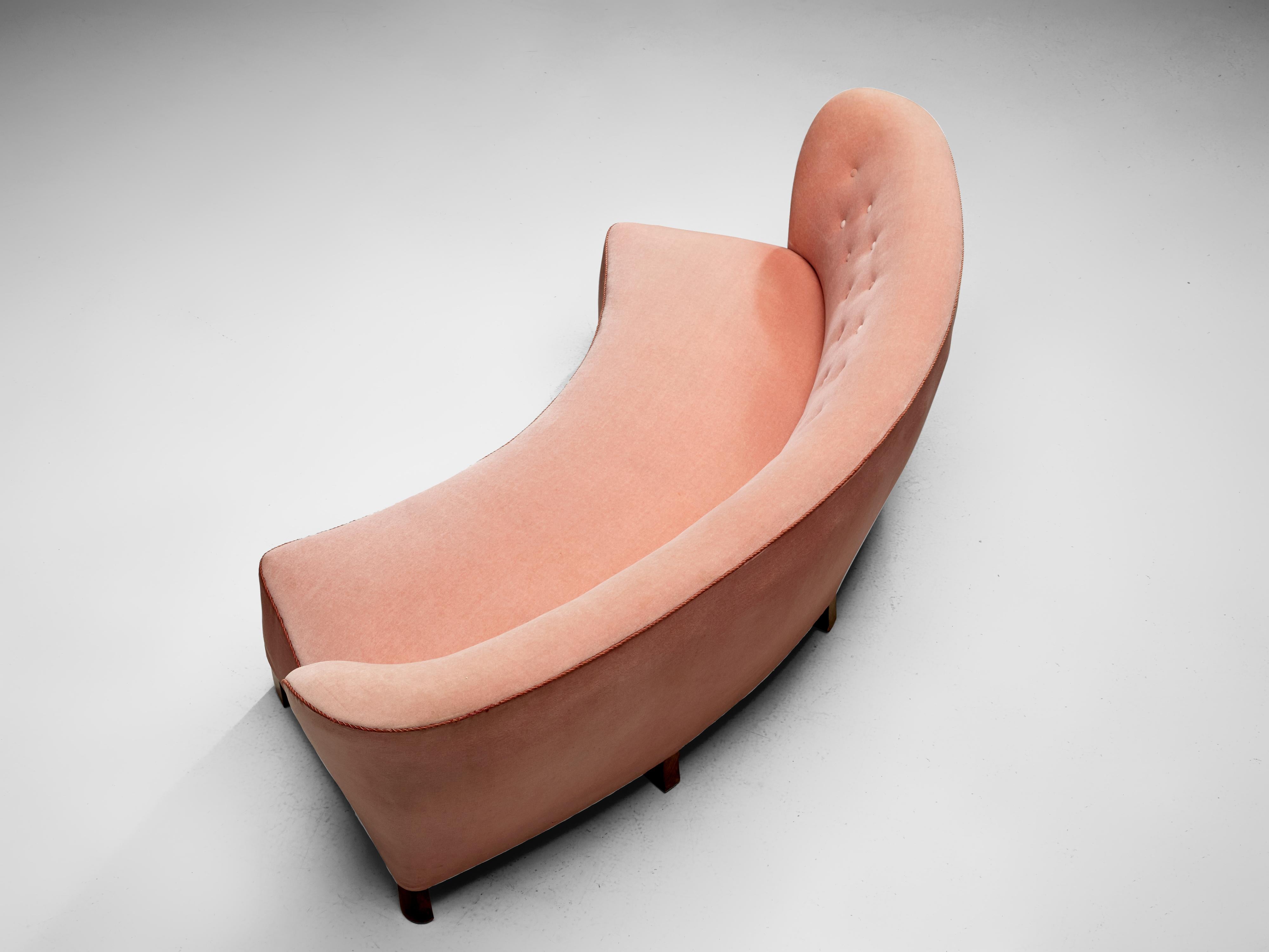 Wood Curved Sofa by Otto Færge in Pink Upholstery