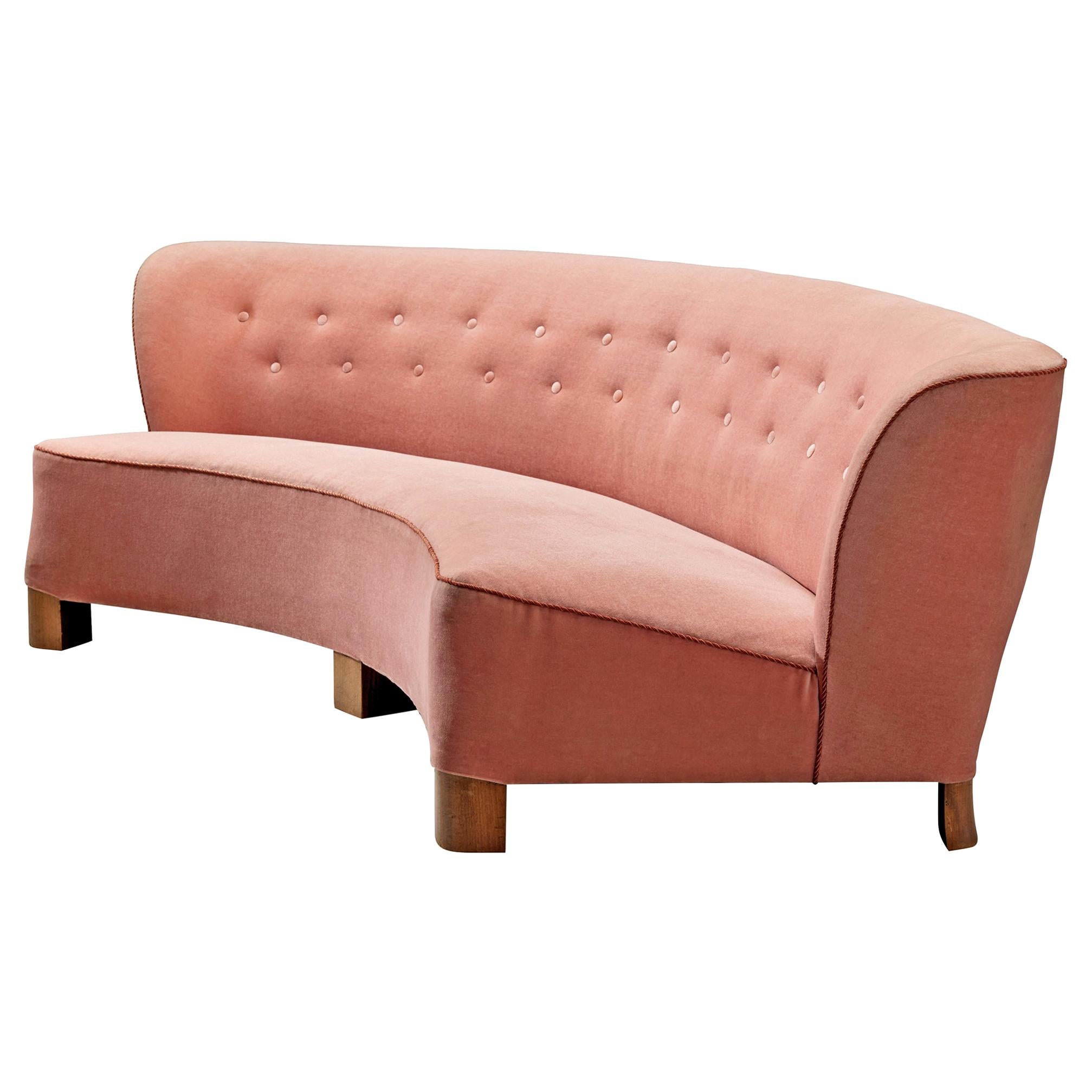 Curved Sofa by Otto Færge in Pink Upholstery